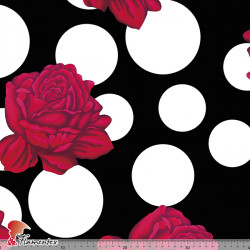 Tela de punto. Tejido de uso habitual para faldas de ensayo. Suave, con mucha caída. Estampado de flores y lunares.