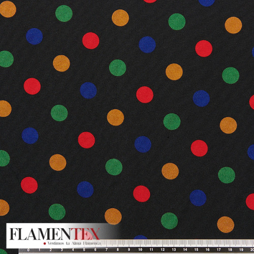 Tejido suave con elastano. Estampado de lunares de colores de 1,50 cm.