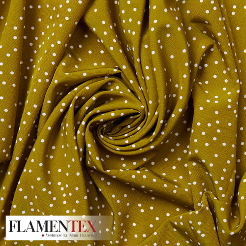 Tejido suave con caída y estampado de lunares pequeños desordenados de 0,30 cm.