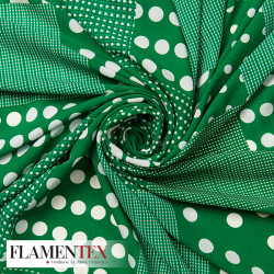 Tejido tipo georgette estampado de lunares con diferentes tamaños de lunares haciendo cuadros.