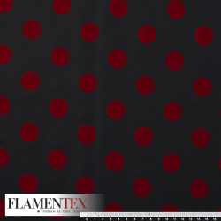 Tela satinada elástica con lunares flocados de 2,30 cms. aprox., perfecta para trajes de flamenca muy entallados.