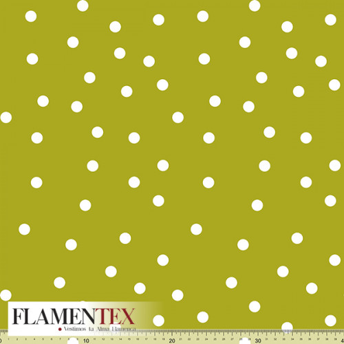 Tejido de apariencia de lino con algo de elasticidad. Estampado de lunar de 13 mm.