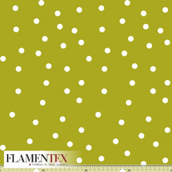 Tejido de apariencia de lino con algo de elasticidad. Estampado de lunar de 13 mm.