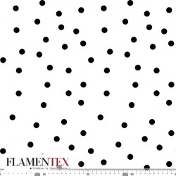 Tejido de apariencia de lino con algo de elasticidad. Estampado de lunar de 13 mm.
