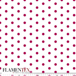 Tejido de apariencia de lino con algo de elasticidad. Estampado de lunar de 14 mm.