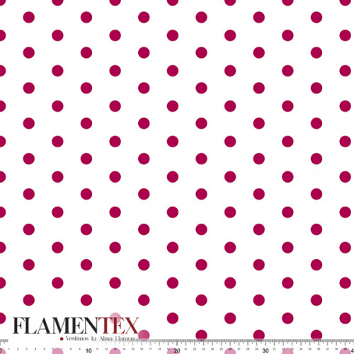 Tejido de apariencia de lino con algo de elasticidad. Estampado de lunar de 14 mm.