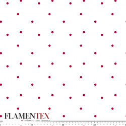 Tejido de apariencia de lino, con algo de elasticidad. Estampado de lunares de 0,70 cms.