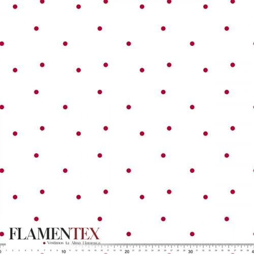Tejido de apariencia de lino, con algo de elasticidad. Estampado de lunares de 0,70 cms.