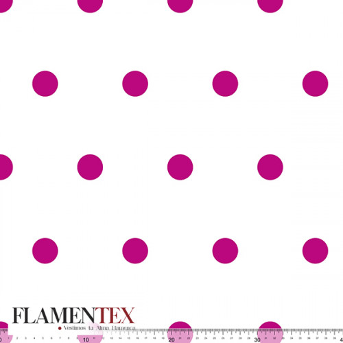 Tejido de apariencia de lino, con algo de elasticidad. Estampado de lunares de 3,00 cms.