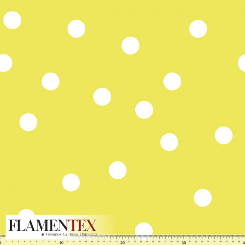 Tejido de apariencia de lino, con algo de elasticidad. Estampado de lunares dispersos de 2,50 cms.