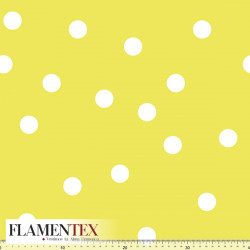 Tejido de apariencia de lino, con algo de elasticidad. Estampado de lunares dispersos de 2,50 cms.