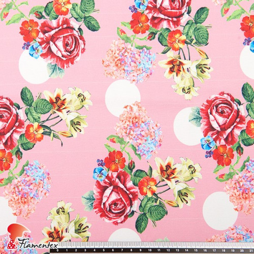 GUAJIRA. Soft techno-peach bi-elastic fabric, with floral and polka dot (4 cm) print.