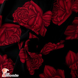 NATASHA. Crespón con mucha caída, perfecta para trajes de flamenca. Estampado de flores grandes rosas rojas.